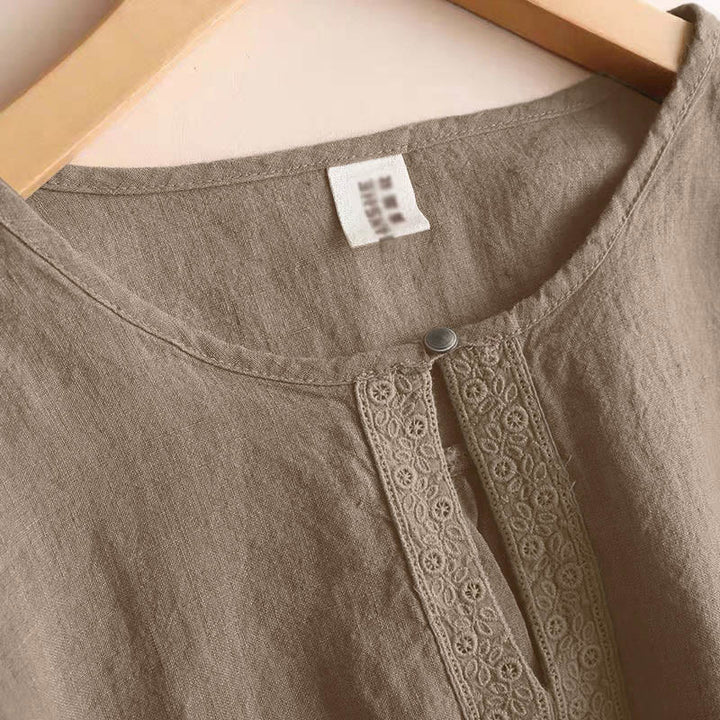 Chemise à manches trois-quarts pour femme, style décontracté, unie, à col rond ajouré, ornée de Buddha Stones - image 2