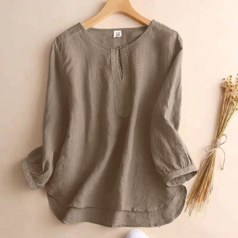 Chemise à manches trois-quarts pour femme, style décontracté, unie, à col rond ajouré, ornée de Buddha Stones - Tanné - US8-10，UK/AU12-14，EU40-42 (2XL) - image 0
