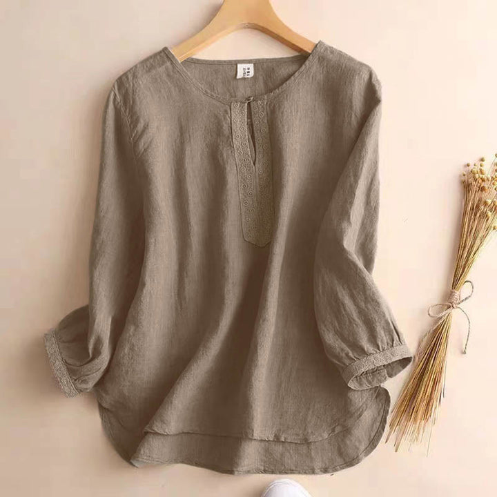 Chemise à manches trois-quarts pour femme, style décontracté, unie, à col rond ajouré, ornée de Buddha Stones - Tanné - US8-10，UK/AU12-14，EU40-42 (2XL) - image 0