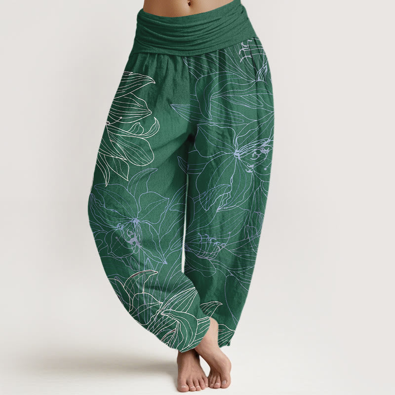 Buddha Stones Pantalon harem femme en pur coton, style minimaliste, à motif floral et taille élastique - Vert d'eau - US16，UK/AU20，EU48 (3XL) - image 0