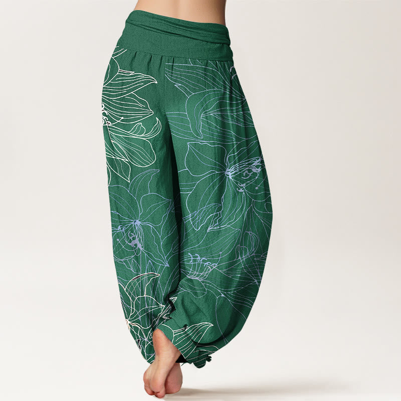 Buddha Stones Pantalon harem femme en pur coton, style minimaliste, à motif floral et taille élastique - image 1