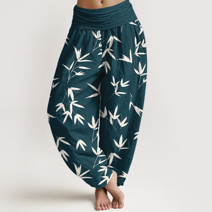 Buddha Stones Pantalon harem pour femme en pur coton, motif feuille de bambou simple et élégant, taille élastique - Gris ardoise foncé - US16，UK/AU20，EU48 (3XL) - image 0