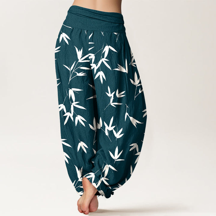 Buddha Stones Pantalon harem pour femme en pur coton, motif feuille de bambou simple et élégant, taille élastique - image 1