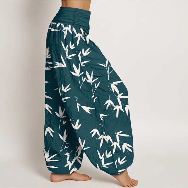 Buddha Stones Pantalon harem pour femme en pur coton, motif feuille de bambou simple et élégant, taille élastique - image 2