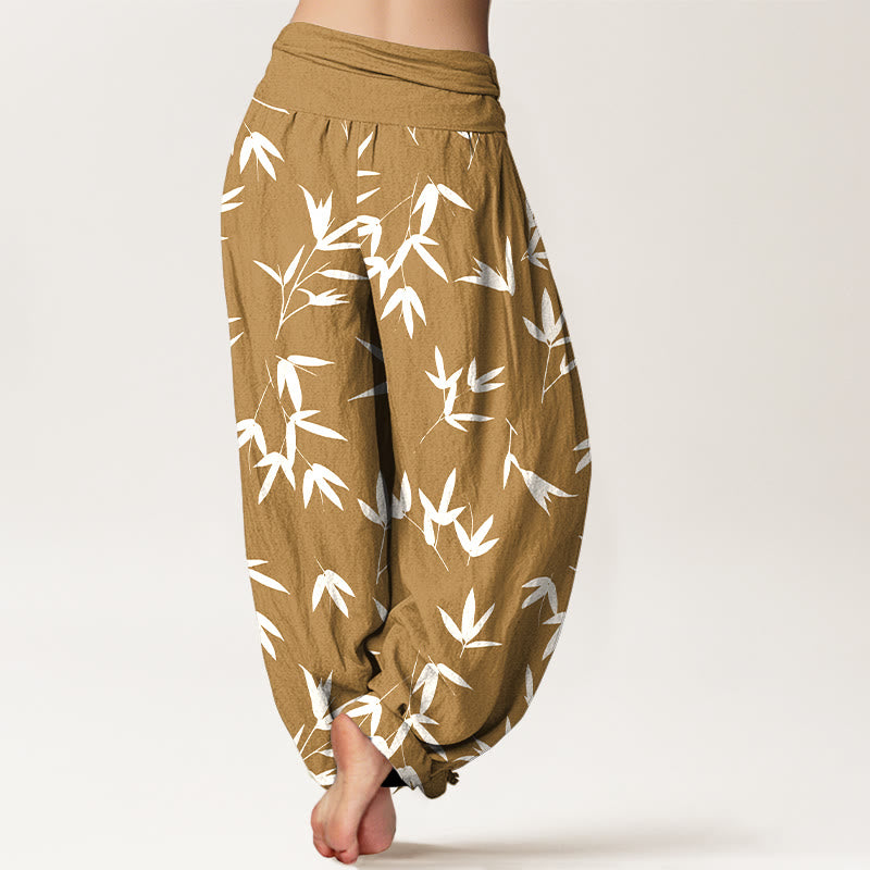 Buddha Stones Pantalon harem pour femme en pur coton, motif feuille de bambou simple et élégant, taille élastique - image 6