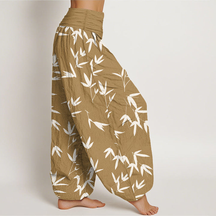 Buddha Stones Pantalon harem pour femme en pur coton, motif feuille de bambou simple et élégant, taille élastique - image 7