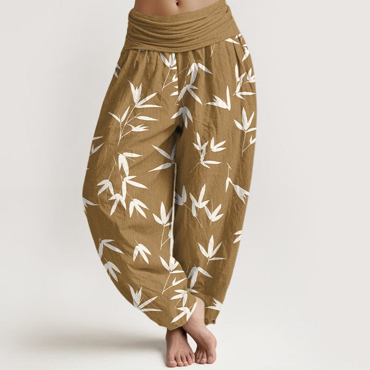 Buddha Stones Pantalon harem pour femme en pur coton, motif feuille de bambou simple et élégant, taille élastique - verge d'or - US16，UK/AU20，EU48 (3XL) - image 5