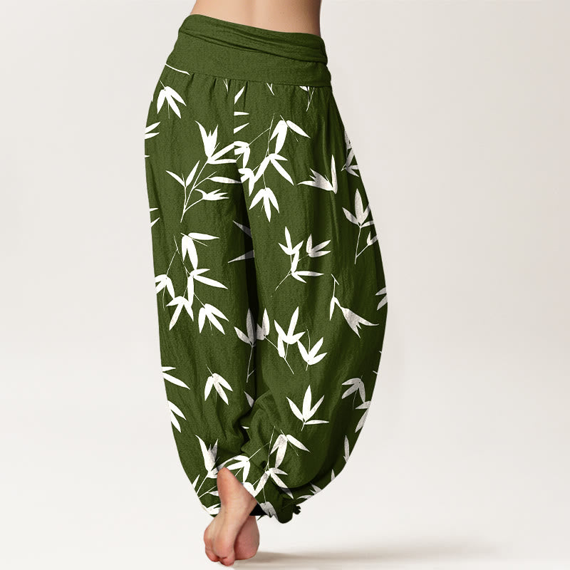 Buddha Stones Pantalon harem pour femme en pur coton, motif feuille de bambou simple et élégant, taille élastique - image 9