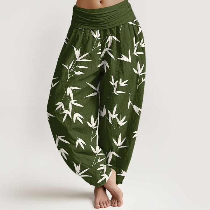 Buddha Stones Pantalon harem pour femme en pur coton, motif feuille de bambou simple et élégant, taille élastique - Vert olive foncé - US16，UK/AU20，EU48 (3XL) - image 8