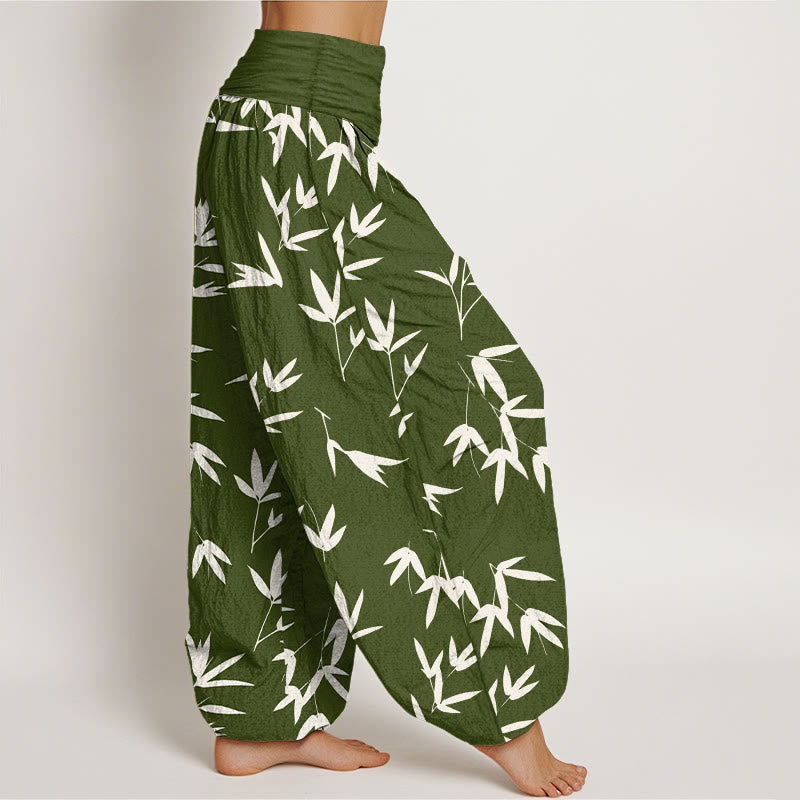 Buddha Stones Pantalon harem pour femme en pur coton, motif feuille de bambou simple et élégant, taille élastique - image 10