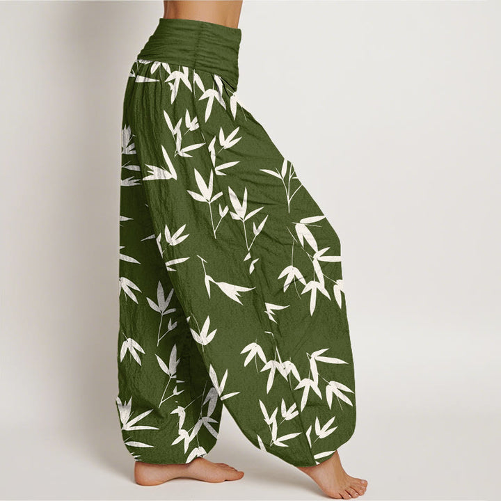 Buddha Stones Pantalon harem pour femme en pur coton, motif feuille de bambou simple et élégant, taille élastique - image 10