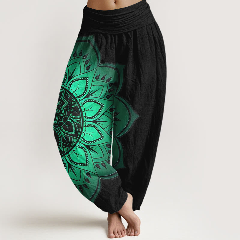 Buddha Stones Pantalon harem pour femme en coton à motif mandala symétrique et taille élastique - Noir - US16，UK/AU20，EU48 (3XL) - image 0