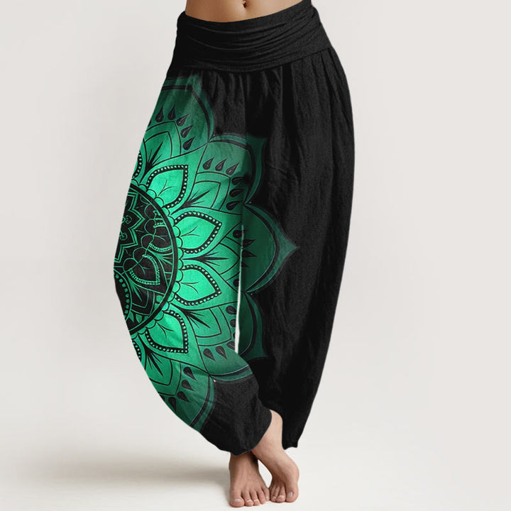Buddha Stones Pantalon harem pour femme en coton à motif mandala symétrique et taille élastique - Noir - US16，UK/AU20，EU48 (3XL) - image 0