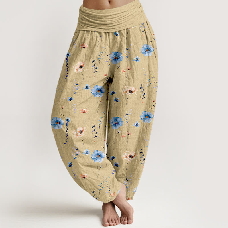 Buddha Stones Pantalon harem pour femme en coton frais à motif floral raffiné et taille élastique - Blé - US16，UK/AU20，EU48 (3XL) - image 0