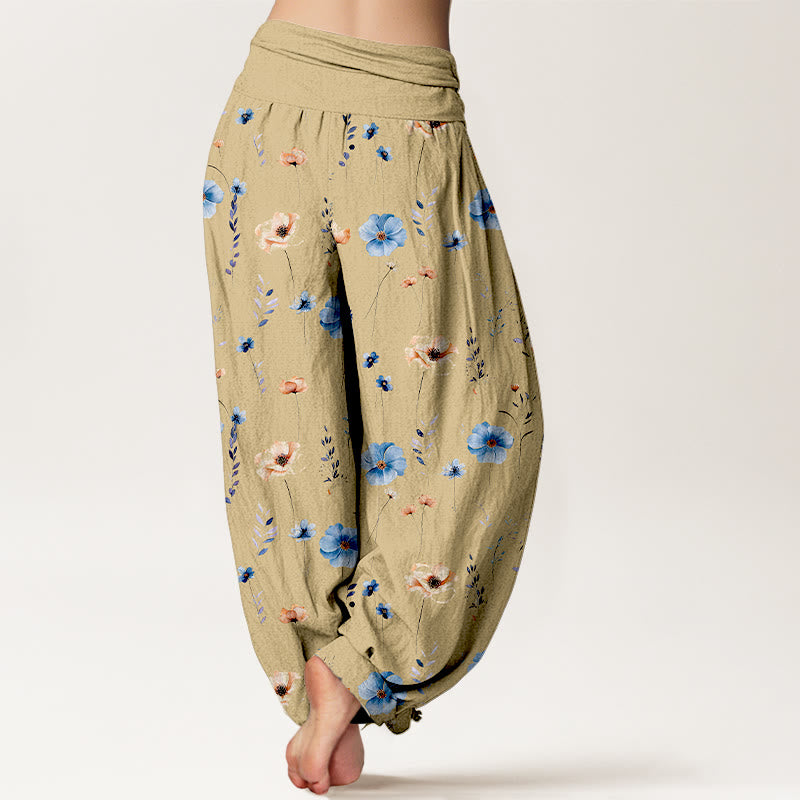 Buddha Stones Pantalon harem pour femme en coton frais à motif floral raffiné et taille élastique - image 1