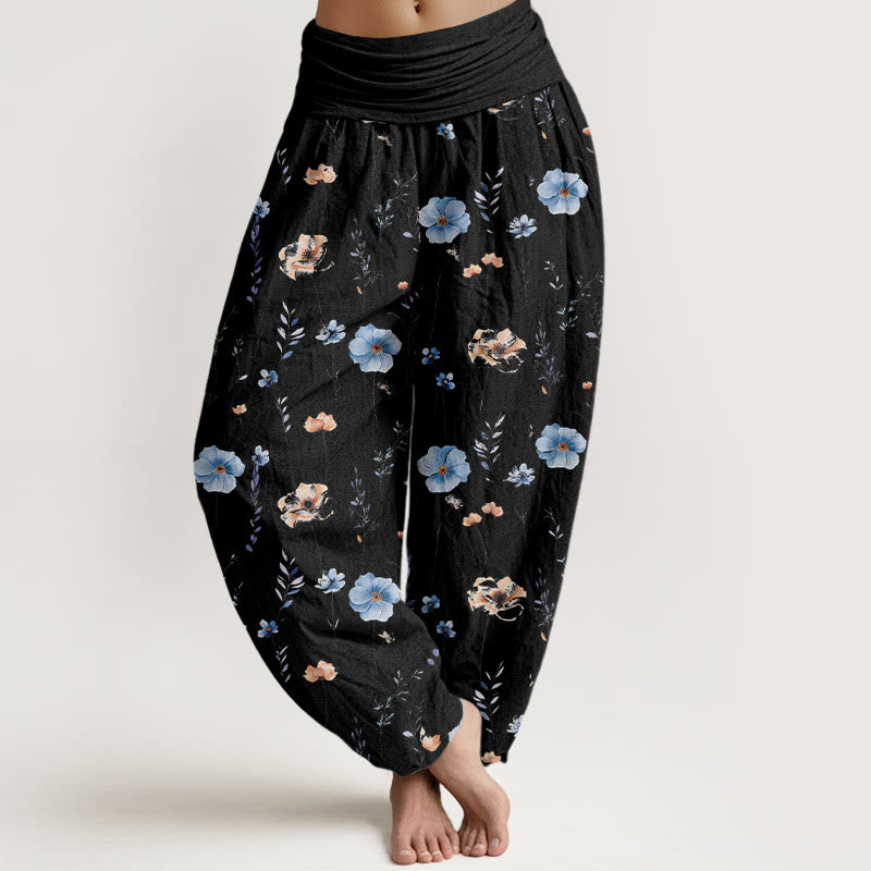 Buddha Stones Pantalon harem pour femme en coton frais à motif floral raffiné et taille élastique - Noir - US16，UK/AU20，EU48 (3XL) - image 5