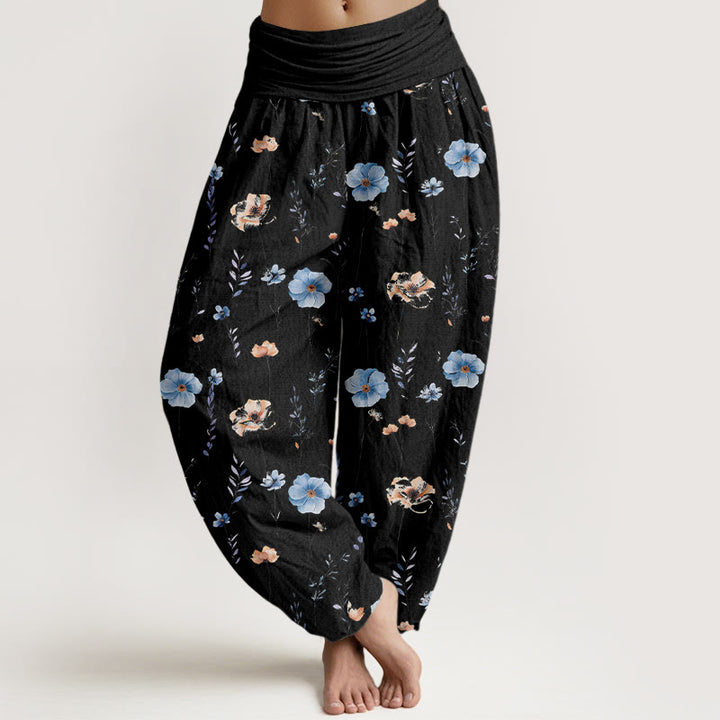Buddha Stones Pantalon harem pour femme en coton frais à motif floral raffiné et taille élastique - Noir - US16，UK/AU20，EU48 (3XL) - image 5