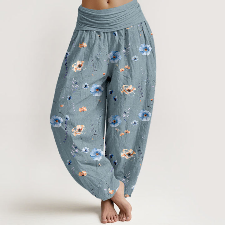 Buddha Stones Pantalon harem pour femme en coton frais à motif floral raffiné et taille élastique - Bleu clair - US16，UK/AU20，EU48 (3XL) - image 8