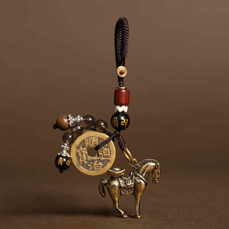 Buddha Stones Porte-clés de protection en cuivre et laiton, année du Cheval, cinq pièces de l'empereur, Om Mani Padme Hum - Lingot Om Mani Padme Hum Cheval (Taille: 36 * 31 mm) - image 0