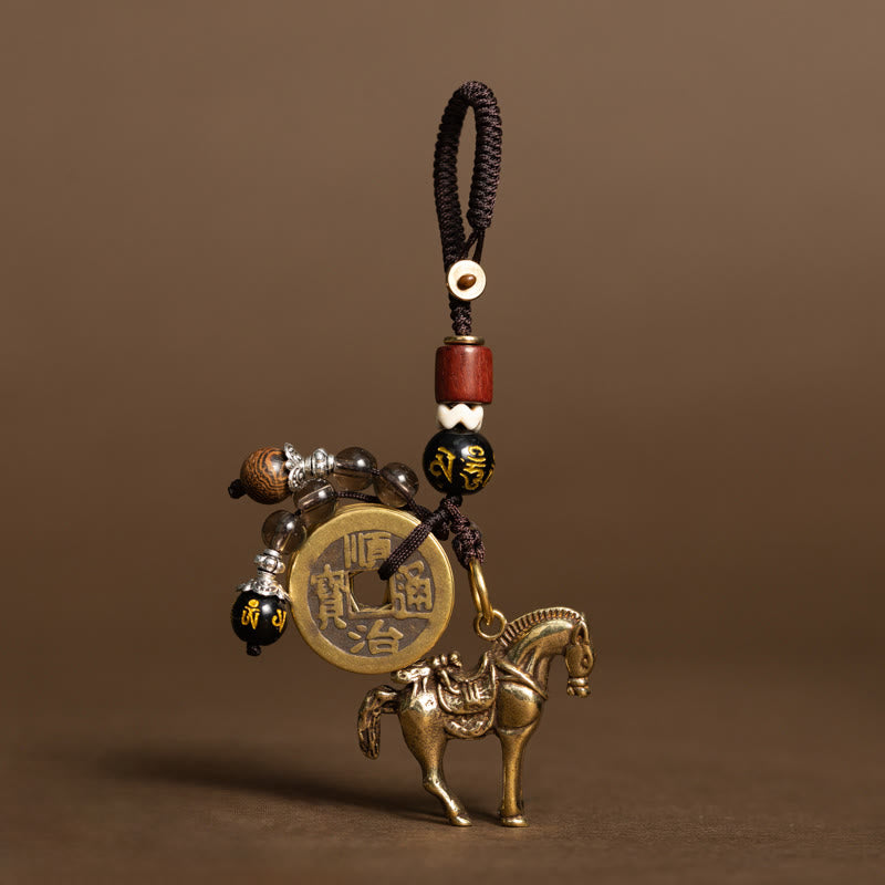Buddha Stones Porte-clés de protection en cuivre et laiton, année du Cheval, cinq pièces de l'empereur, Om Mani Padme Hum - Cheval Om Mani Padme Hum (taille: 36*31mm) - image 1