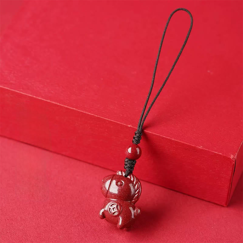 Buddha Stones Porte-clés en cinabre de l'année du Cheval, symbole d'éloignement des mauvais esprits - Cheval à corde longue DarkRed - image 2