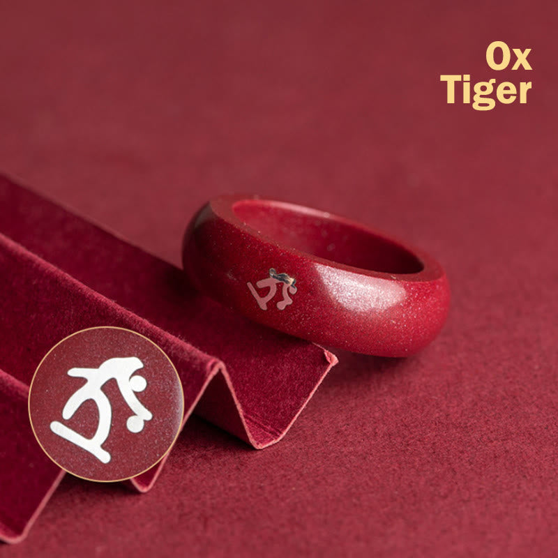 Buddha Stones Bague de bénédiction en cinabre, année du Cheval selon le zodiaque chinois - Bœuf Tigre Cinabre - 22 mm - image 4