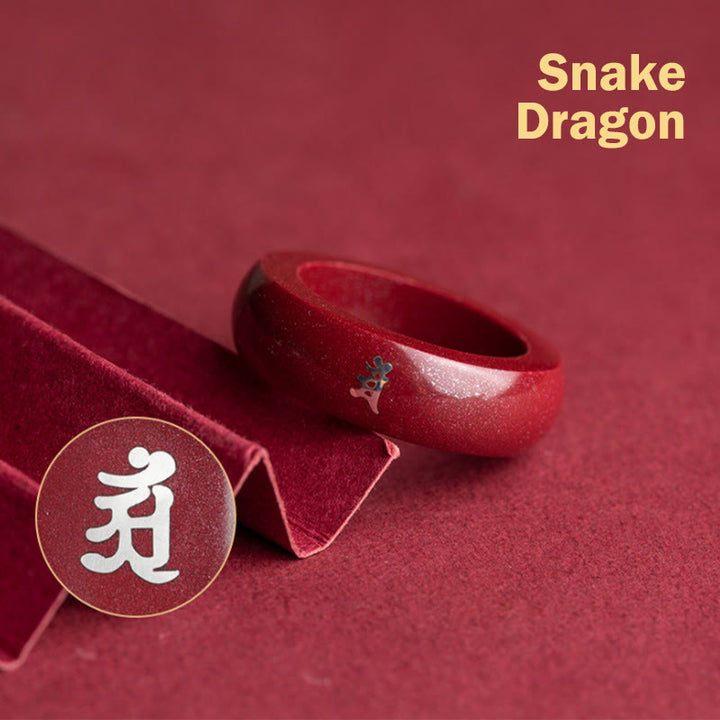 Buddha Stones Bague de bénédiction en cinabre, année du Cheval selon le zodiaque chinois - Serpent dragon de cinabre - 22 mm - image 12