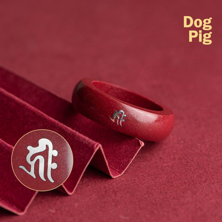 Buddha Stones Bague de bénédiction en cinabre, année du Cheval selon le zodiaque chinois - Chien Cochon Cinnabar - 22 mm - image 20