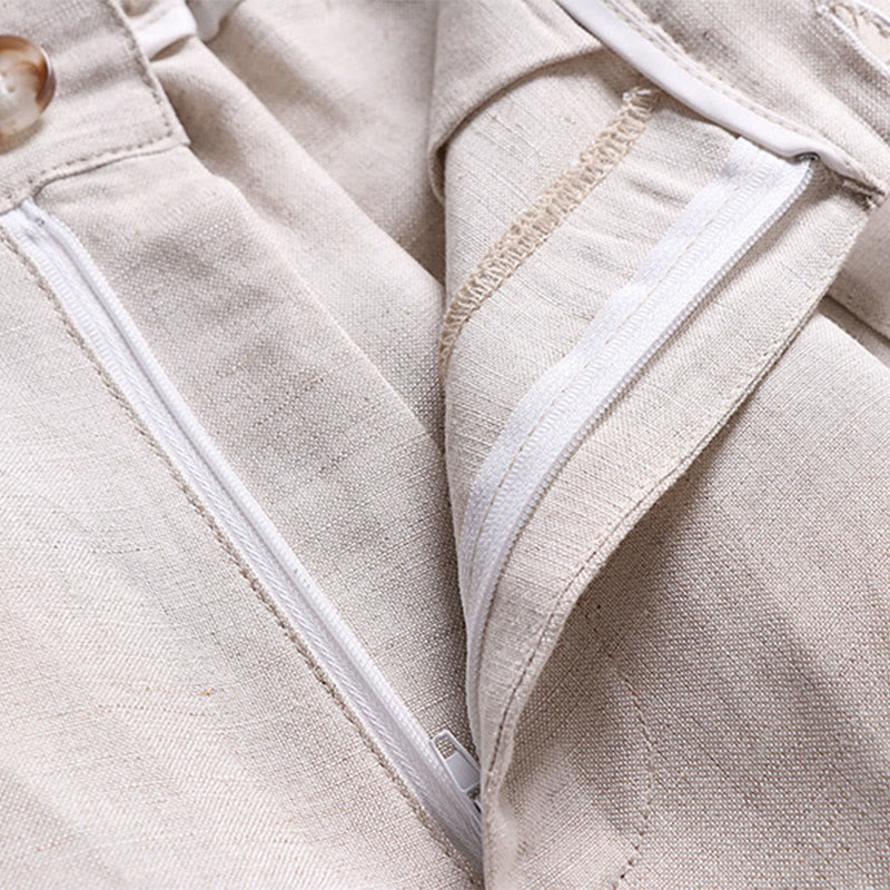 Buddha Stones Pantalon d'été pour homme en coton et lin, à jambes larges, avec fermeture éclair et taille élastique, et poches. - image 3