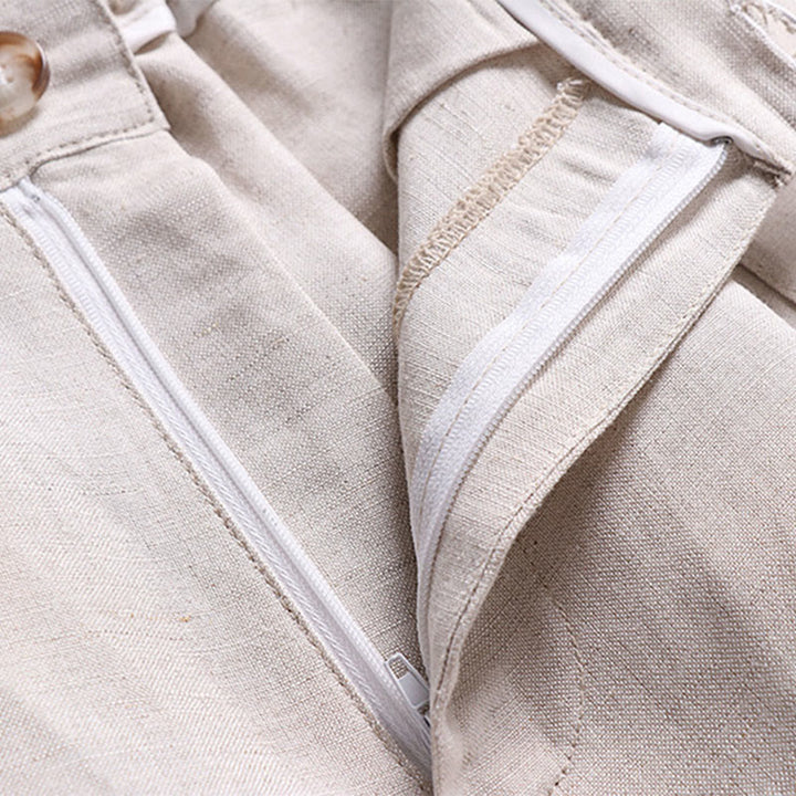Buddha Stones Pantalon d'été pour homme en coton et lin, à jambes larges, avec fermeture éclair et taille élastique, et poches. - image 3