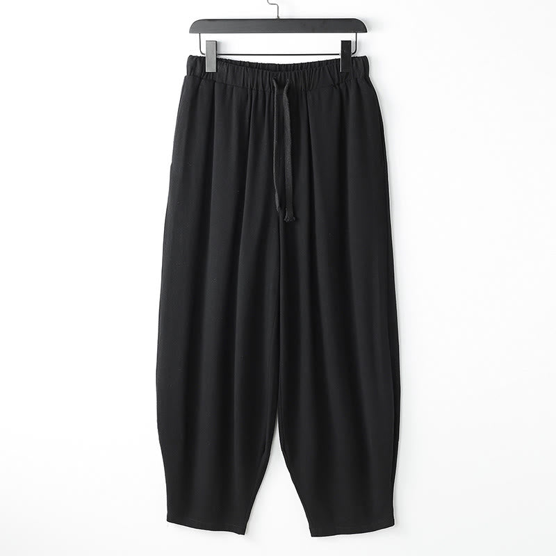 Buddha Stones Pantalon harem homme d'été uni, longueur cheville, avec cordon de serrage et poches - Noir - US/UK/AU54，EU64 (9XL) - image 1