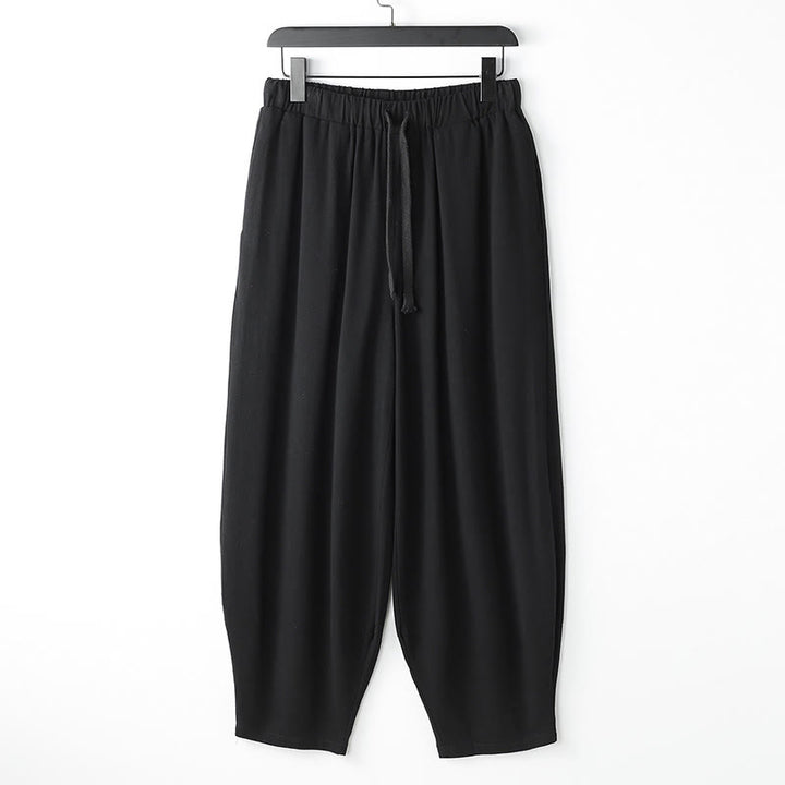 Buddha Stones Pantalon harem homme d'été uni, longueur cheville, avec cordon de serrage et poches - Noir - US/UK/AU54，EU64 (9XL) - image 1