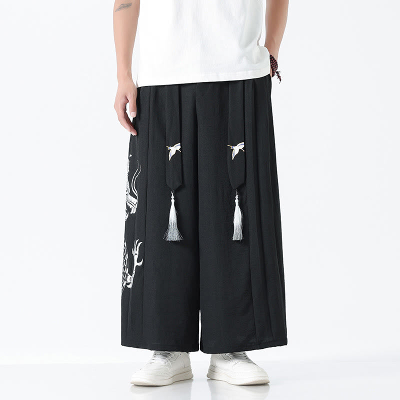 Buddha Stones Pantalon large pour homme en coton, longueur cheville, avec cordon de serrage et poches, orné d'un motif dragon d'été - Noir - US/UK/AU42，EU52 (3XL) - image 8