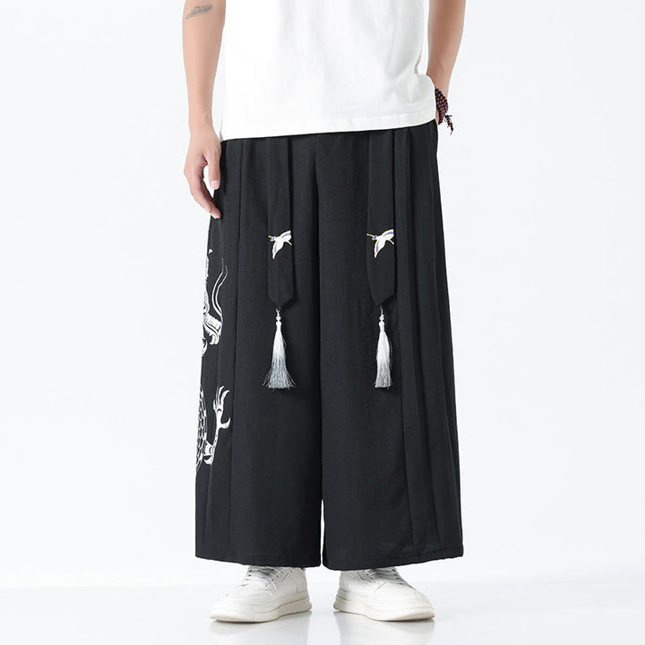 Buddha Stones Pantalon large pour homme en coton, longueur cheville, avec cordon de serrage et poches, orné d'un motif dragon d'été - Noir - US/UK/AU42，EU52 (3XL) - image 8
