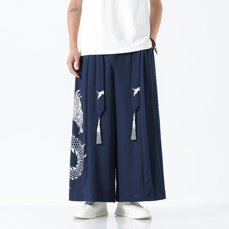 Buddha Stones Pantalon large pour homme en coton, longueur cheville, avec cordon de serrage et poches, orné d'un motif dragon d'été - image 1