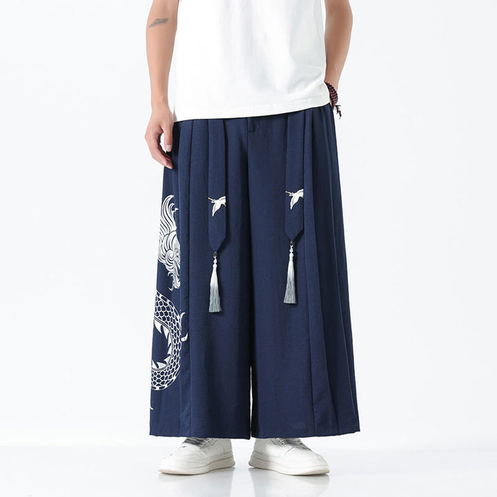 Buddha Stones Pantalon large pour homme en coton, longueur cheville, avec cordon de serrage et poches, orné d'un motif dragon d'été - image 1