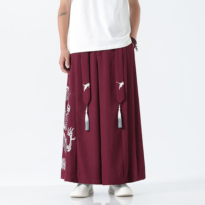 Buddha Stones Pantalon large pour homme en coton, longueur cheville, avec cordon de serrage et poches, orné d'un motif dragon d'été - Rouge foncé - US/UK/AU42，EU52 (3XL) - image 15