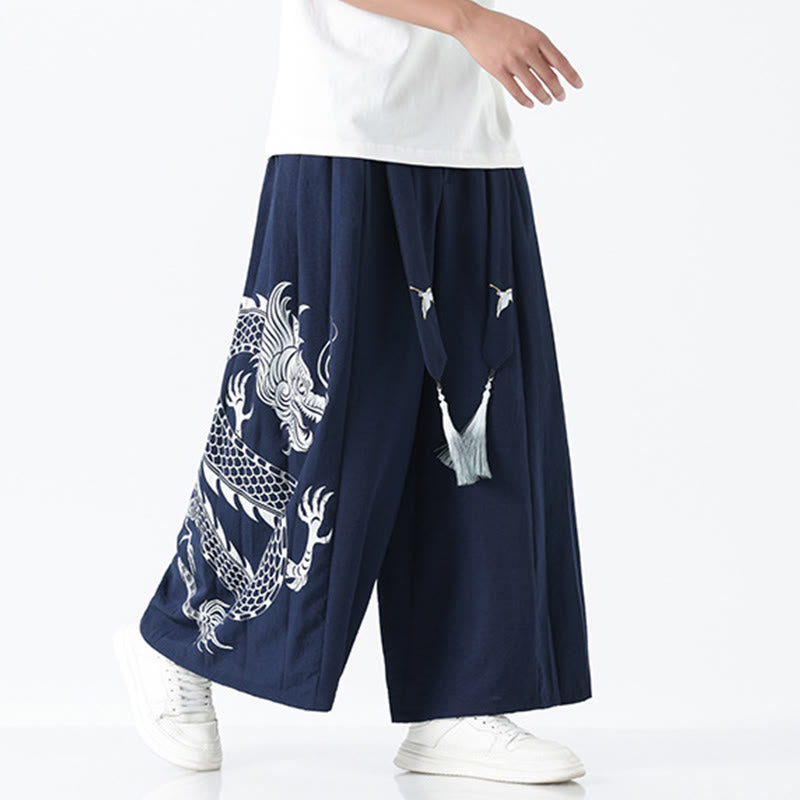 Buddha Stones Pantalon large pour homme en coton, longueur cheville, avec cordon de serrage et poches, orné d'un motif dragon d'été - SteelBlue - US/UK/AU42，EU52 (3XL) - image 0
