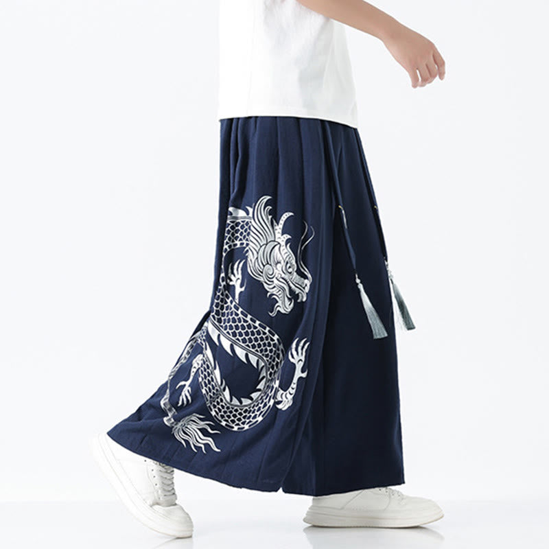 Buddha Stones Pantalon large pour homme en coton, longueur cheville, avec cordon de serrage et poches, orné d'un motif dragon d'été - image 2