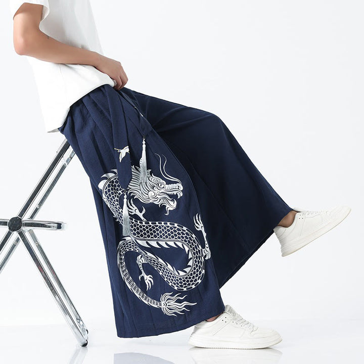 Buddha Stones Pantalon large pour homme en coton, longueur cheville, avec cordon de serrage et poches, orné d'un motif dragon d'été - image 7