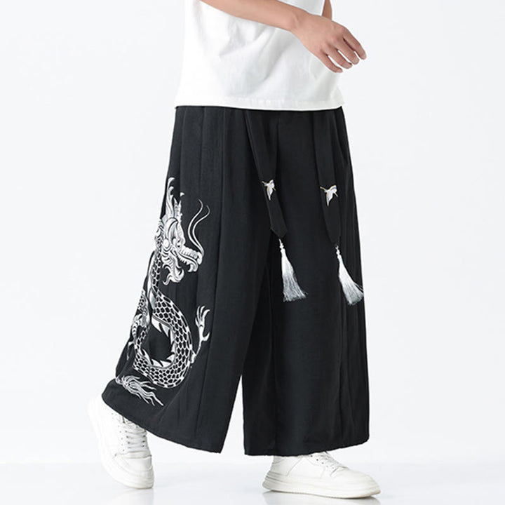 Buddha Stones Pantalon large pour homme en coton, longueur cheville, avec cordon de serrage et poches, orné d'un motif dragon d'été - image 9