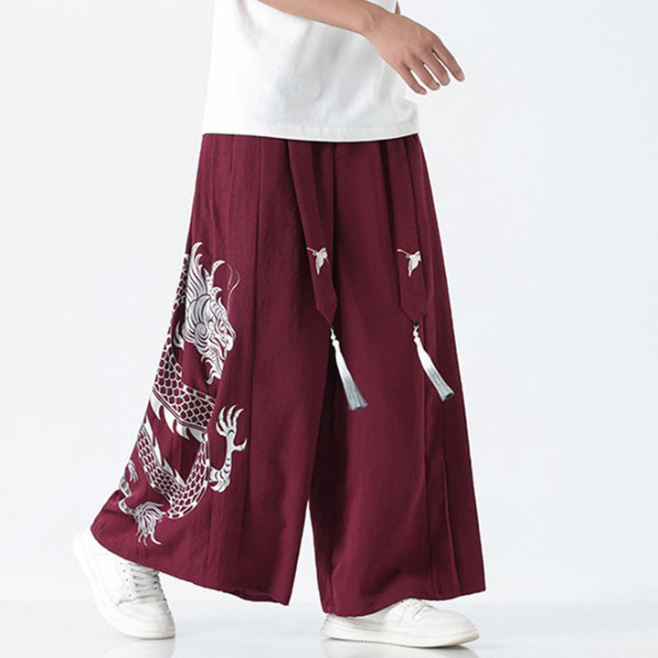 Buddha Stones Pantalon large pour homme en coton, longueur cheville, avec cordon de serrage et poches, orné d'un motif dragon d'été - image 16