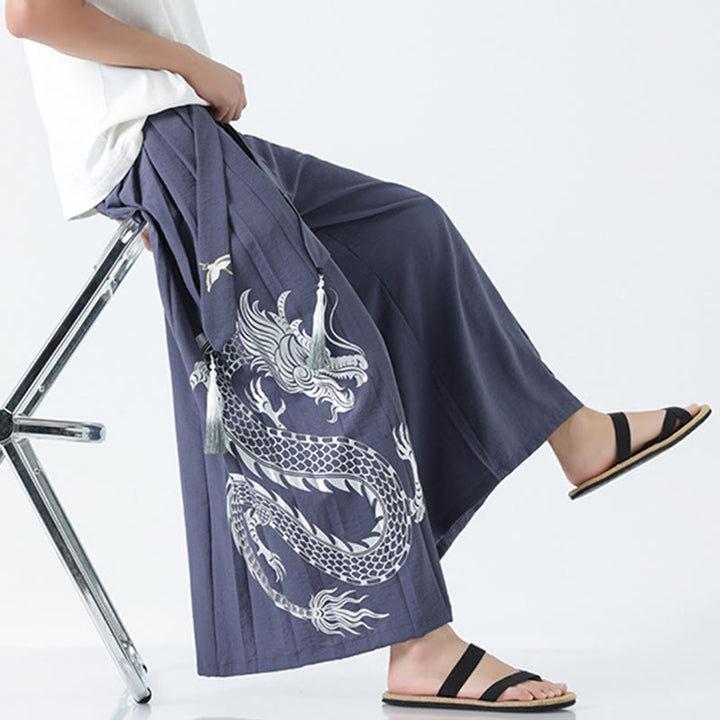 Buddha Stones Pantalon large pour homme en coton, longueur cheville, avec cordon de serrage et poches, orné d'un motif dragon d'été - image 35