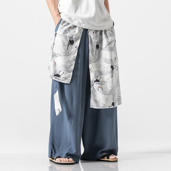 Buddha Stones Pantalon d'été en coton pour homme, jambes larges, avec poches, motif grue volante - Bleu acier clair - US/UK/AU46，EU56 (5XL) - image 10