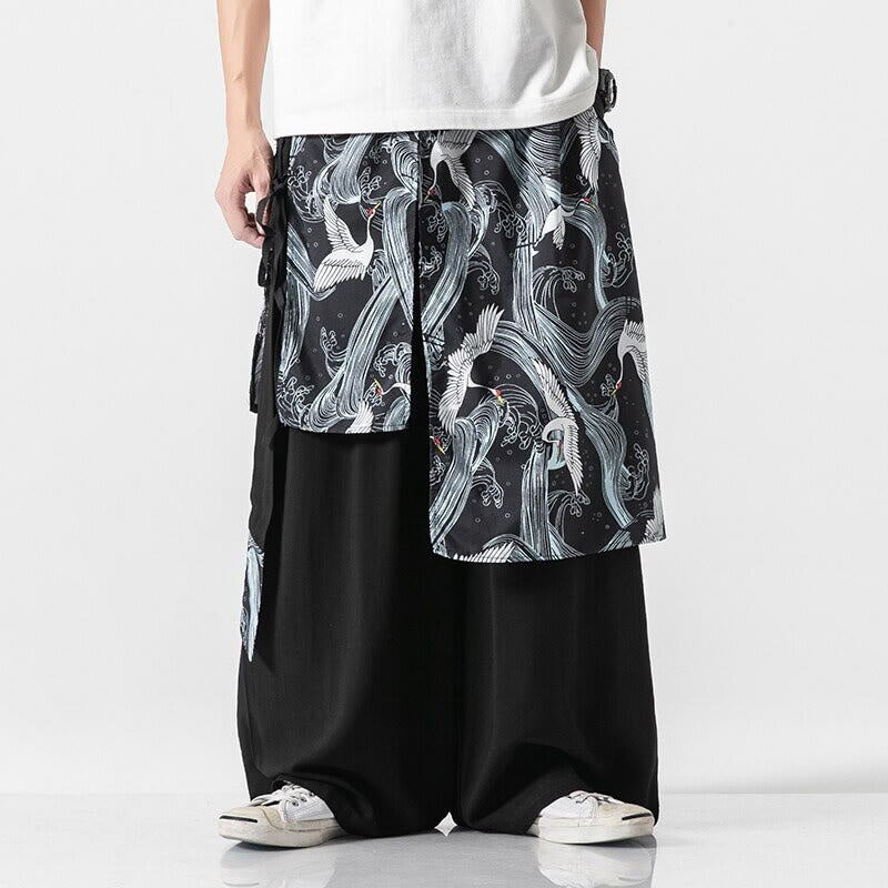 Buddha Stones Pantalon d'été en coton pour homme, jambes larges, avec poches, motif grue volante - Noir - US/UK/AU46，EU56 (5XL) - image 23