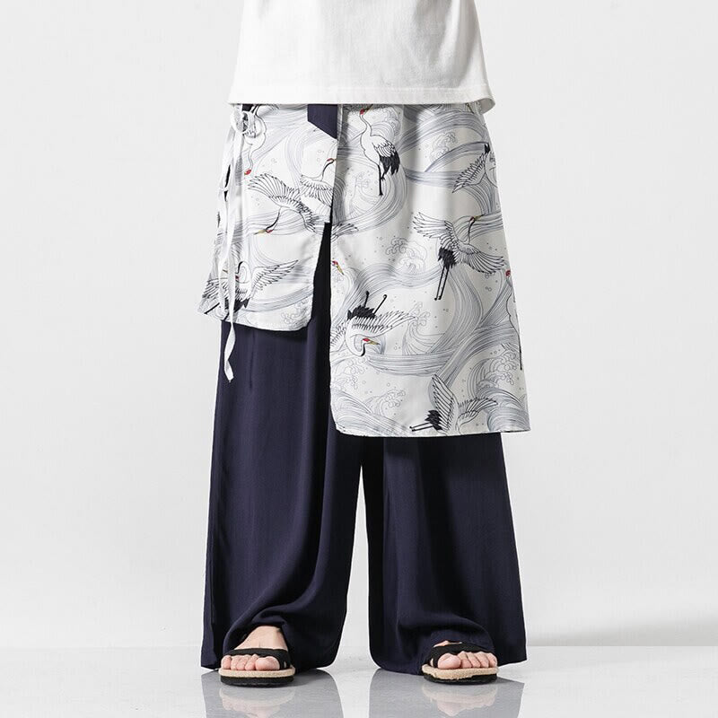 Buddha Stones Pantalon d'été en coton pour homme, jambes larges, avec poches, motif grue volante - SteelBlue - US/UK/AU46，EU56 (5XL) - image 0