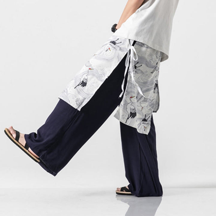 Buddha Stones Pantalon d'été en coton pour homme, jambes larges, avec poches, motif grue volante - image 9
