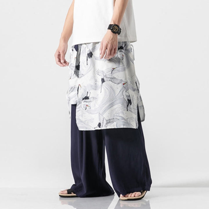 Buddha Stones Pantalon d'été en coton pour homme, jambes larges, avec poches, motif grue volante - image 3