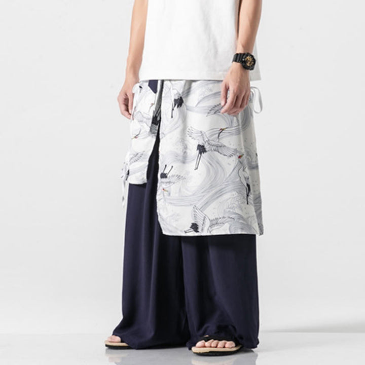 Buddha Stones Pantalon d'été en coton pour homme, jambes larges, avec poches, motif grue volante - image 7