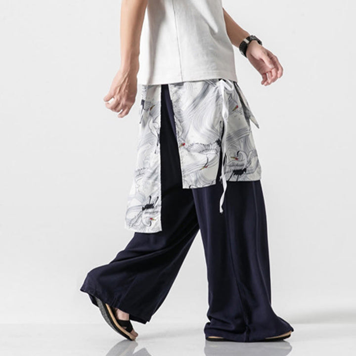 Buddha Stones Pantalon d'été en coton pour homme, jambes larges, avec poches, motif grue volante - image 5